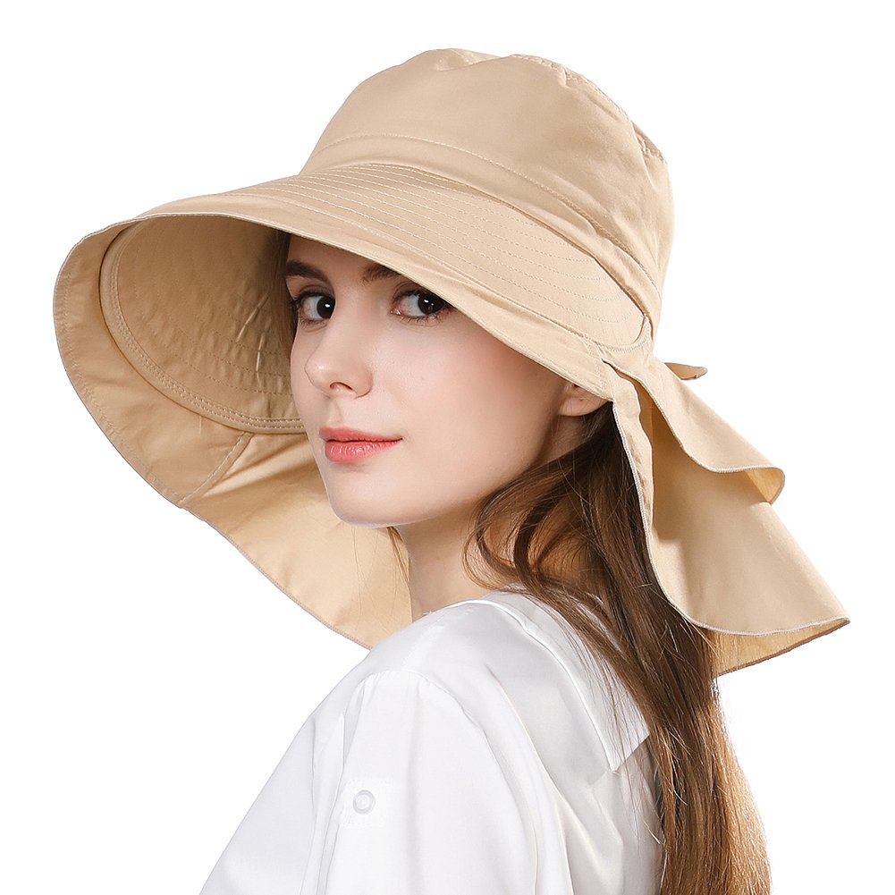 PALAY Fashion Women Wide Brim Hat-UV Protection Summer Sun Hat with Ponytail Hole Back Neck Flap Cover,Khaki PALAY Fashion Women Wide Brim Hat-UV Protection Summer Sun Hat with Ponytail Hole Back Neck Flap Cover,Khaki